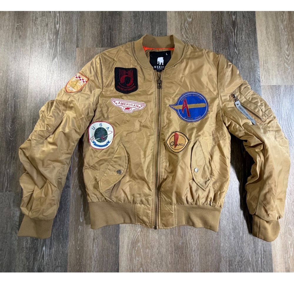 American Stitch Bomber Jacket Mens L Tan Patchwork Military Flight NASA 5563